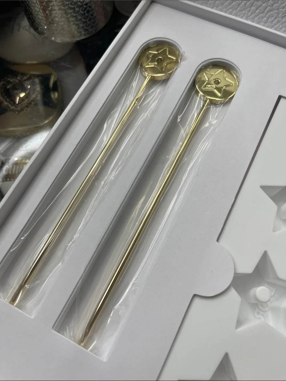 Dior beverage set with silicone star mould and two golden tone stir Rods